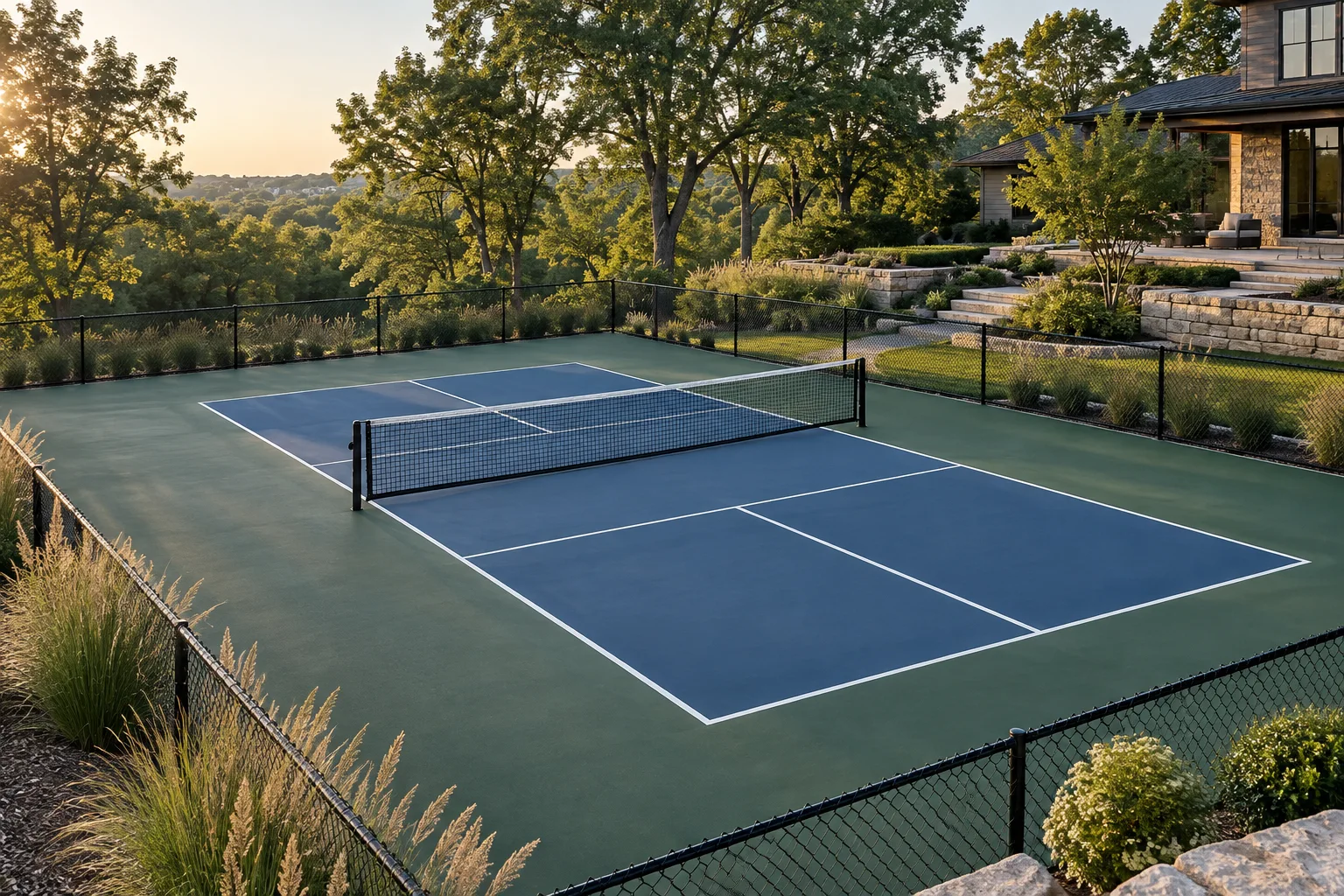 Concept of a blue backyard pickleball court surrounded by trees and limestone landscaping